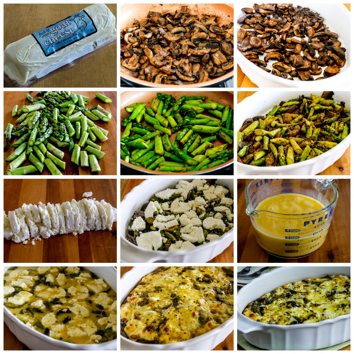 Asparagus, Mushroom, and Goat Cheese Breakfast Casserole collage photo of recipe steps