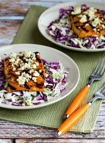 Grilled Salmon with Buffalo Glaze and Blue Cheese Coleslaw top photo of finished dish with text overlay