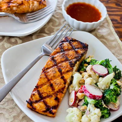 Grilled Salmon with a glaze of sugar-free maple syrup, Sriracha, and lime juice. [found on KalynsKitchen.com]