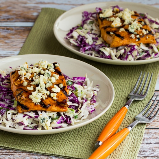 Grilled Salmon with Buffalo Glaze and Blue Cheese Coleslaw square image of finished dish