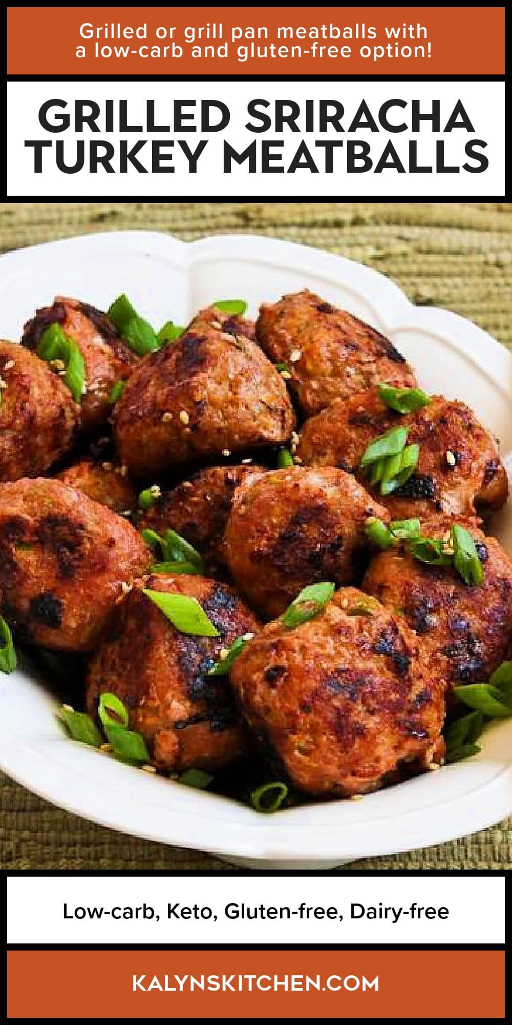 Pinterest image of Grilled Sriracha Turkey Meatballs
