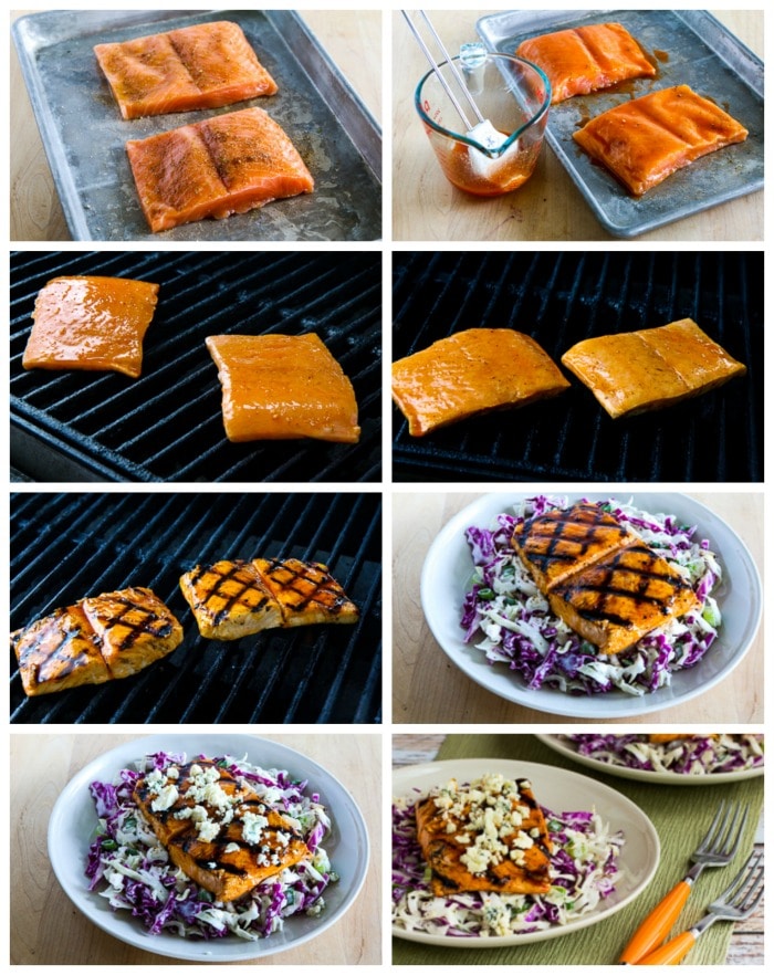 Grilled Salmon with Buffalo Glaze and Blue Cheese Coleslaw process shots collage