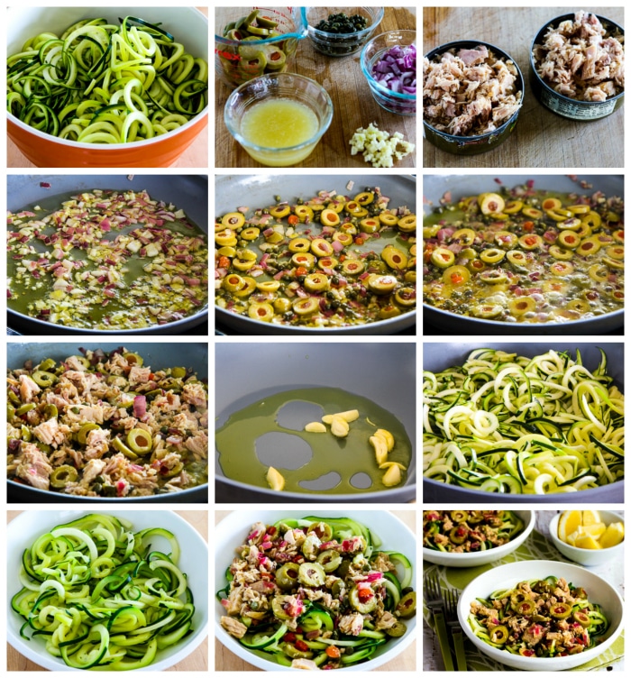 Low-Carb Zucchini Noodles with Tuna and Green Olives process shots collage
