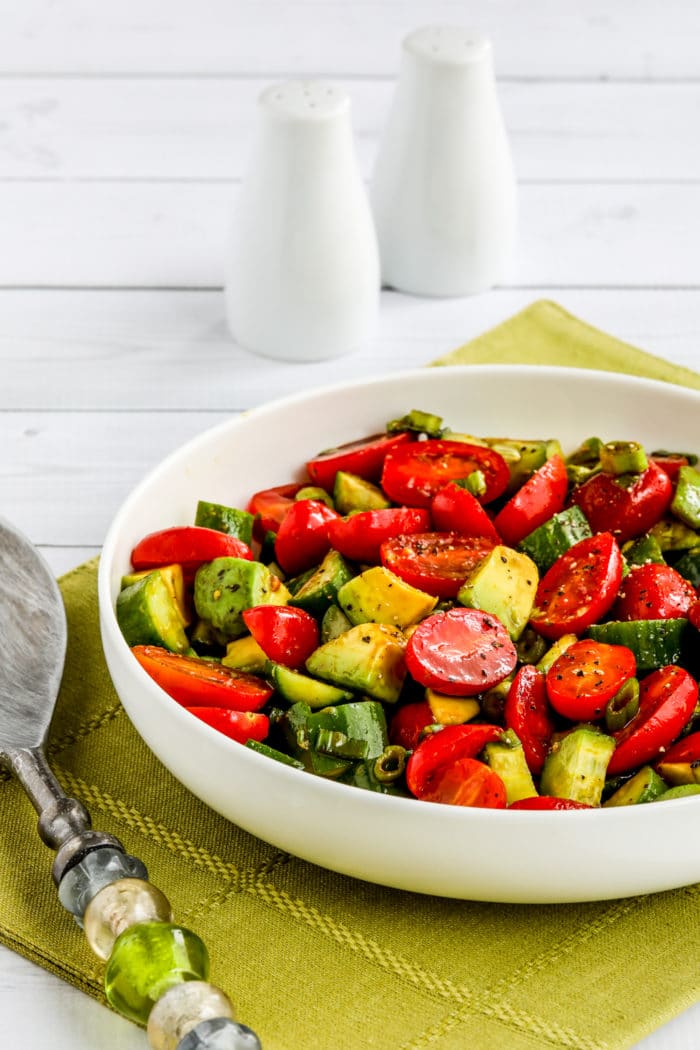 Tomato Cucumber Avocado Salad photo of finished salad in serving bowl