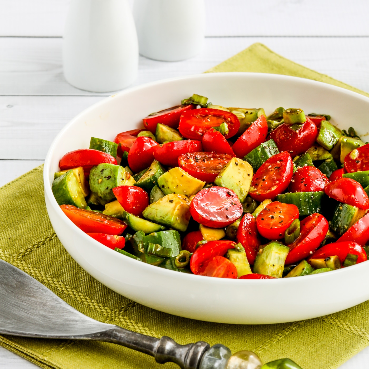 Tomato Cucumber Avocado Salad thumbnail image of salad in serving bowl