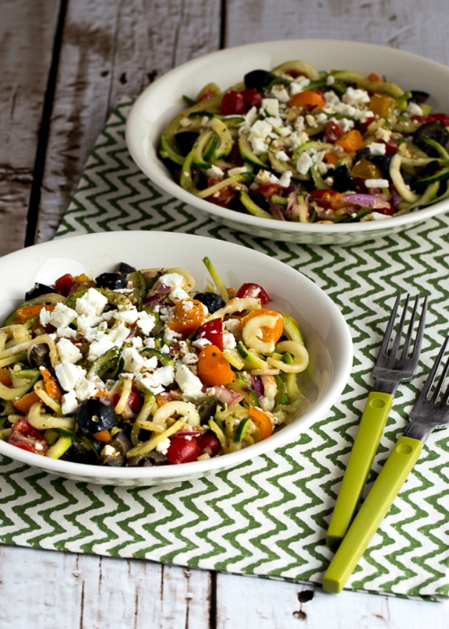 Greek zucchini noodles with tomatoes, olives and feta found on KalynsKitchen.com