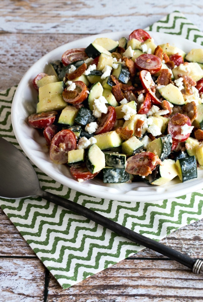 Bacon, Tomato, and Zucchini Salad with Feta finished salad in serving dish