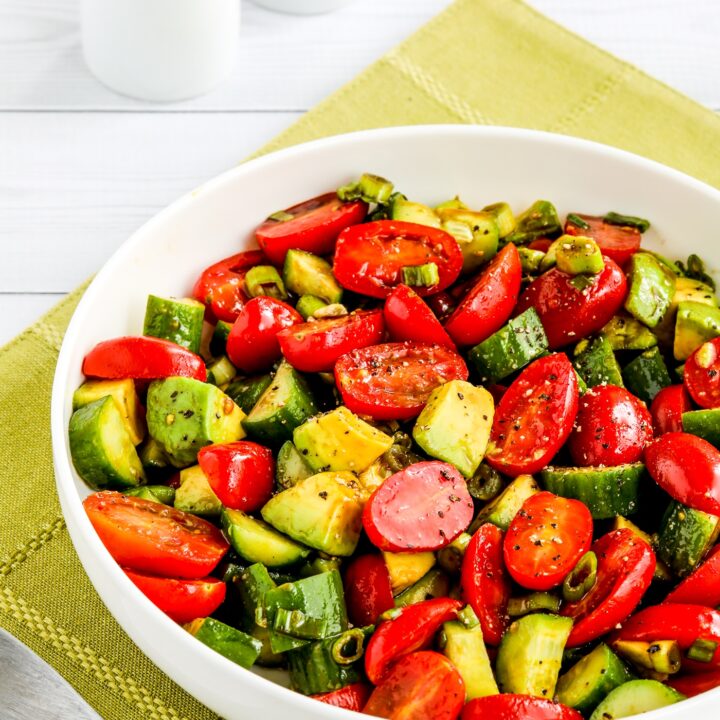 close-up shot of Tomato Cucumber Avocado Salad photo of finished salad in serving bowl