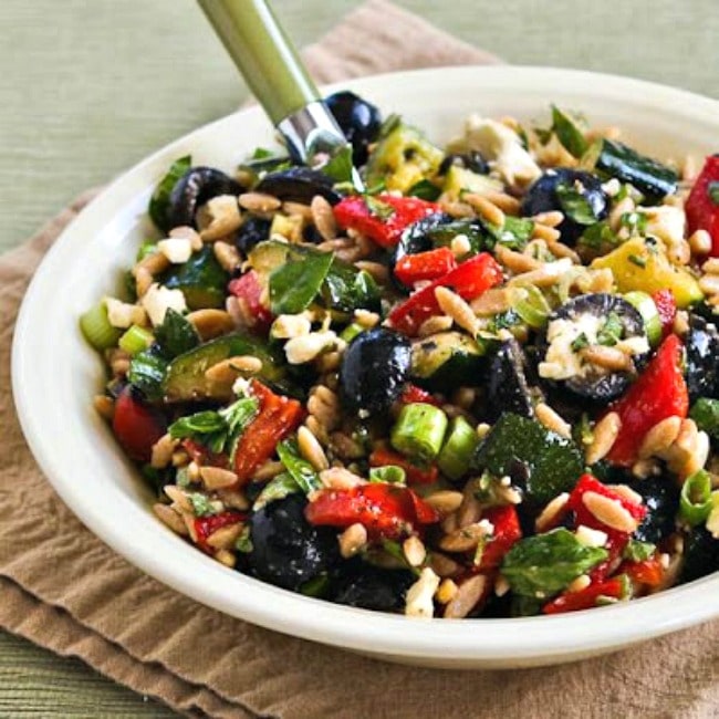 Whole Wheat Orzo and Grilled Vegetable Salad with Feta finished salad in bowl