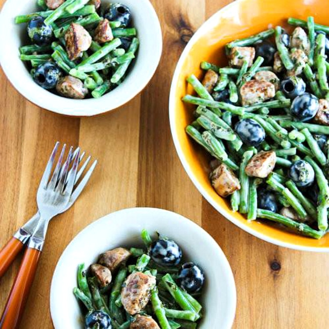 Green Bean Salad with Sausage and Olives square image of finished salad in bowls