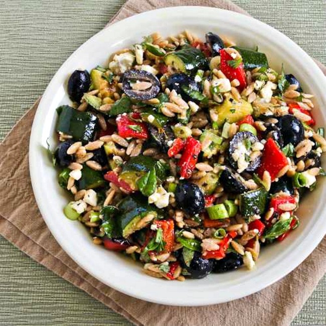 Whole Wheat Orzo and Grilled Vegetable Salad with Feta square image of finished salad