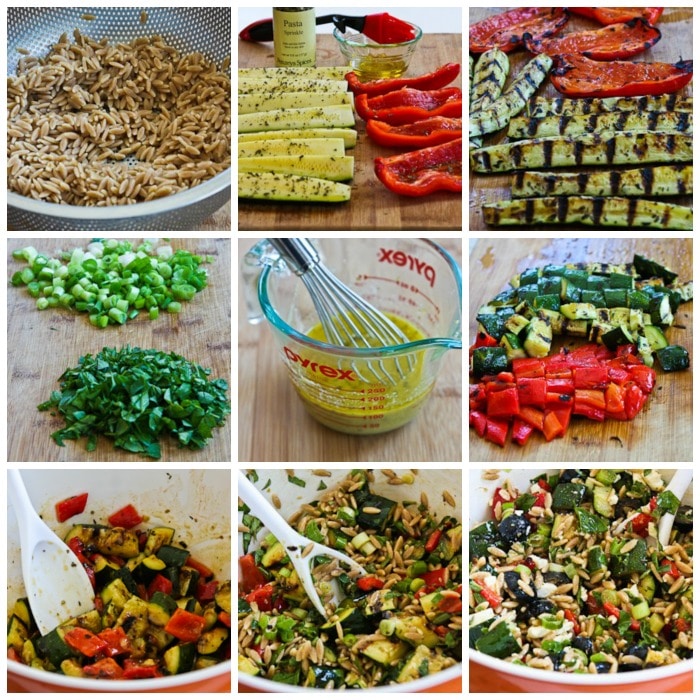 Whole Wheat Orzo and Grilled Vegetable Salad with Feta process shots collage