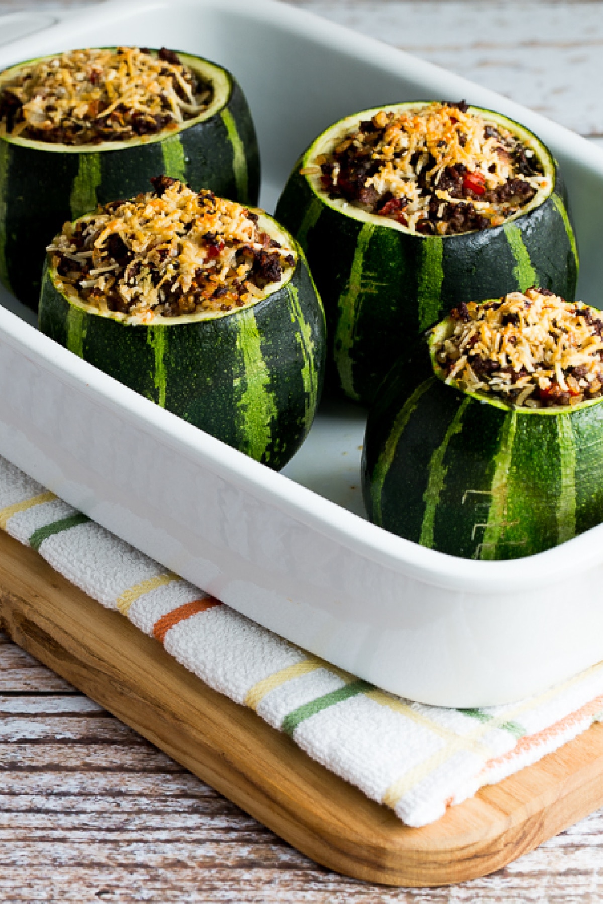 cropped image for Stuffed Zucchini with Ground Beef in baking dish
