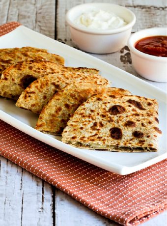 Green Chile Quesadillas with Turkey and Cheese finished quesadillas on serving plate