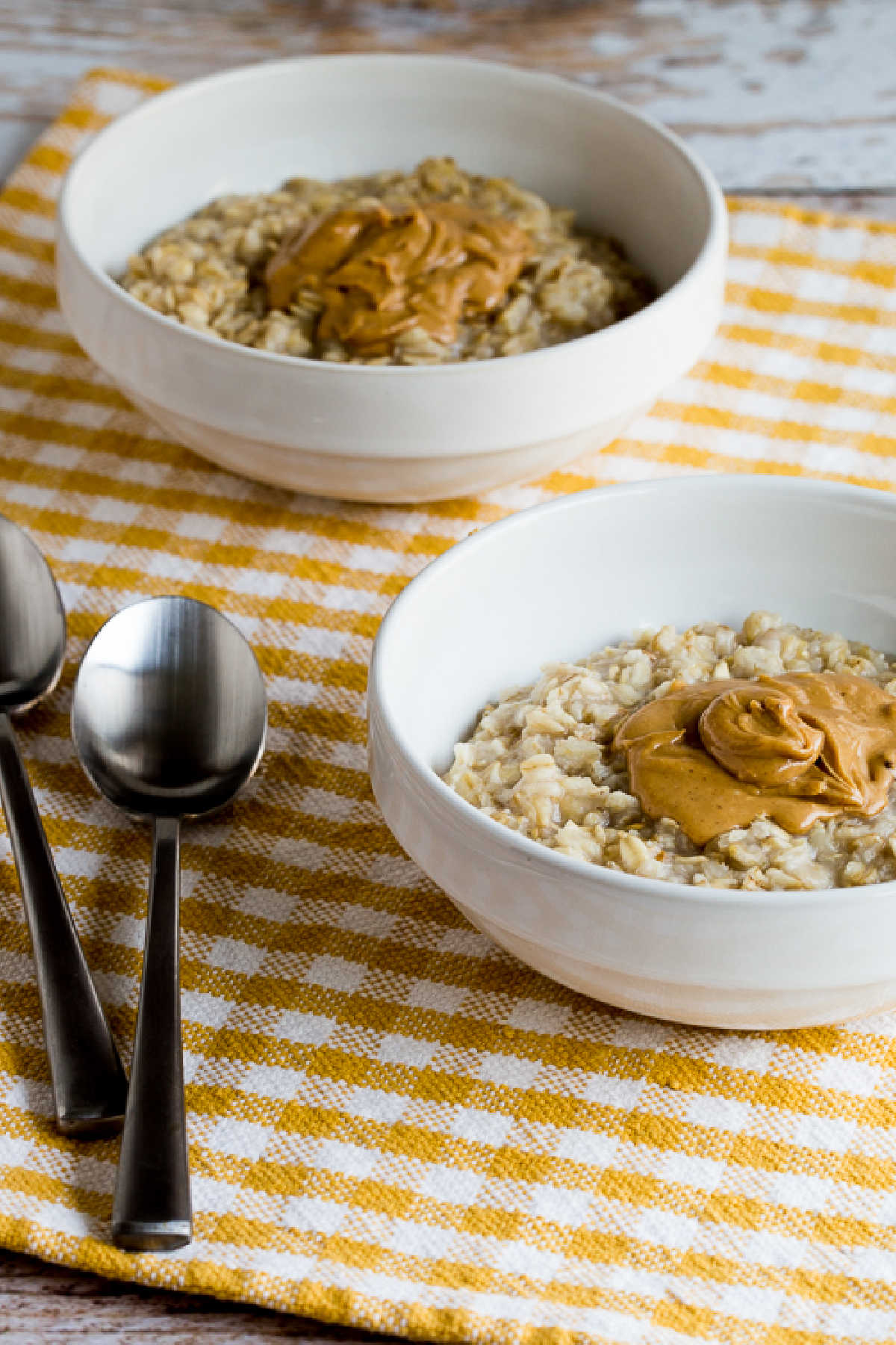 peanut butter oatmeal shown in two serving bowls