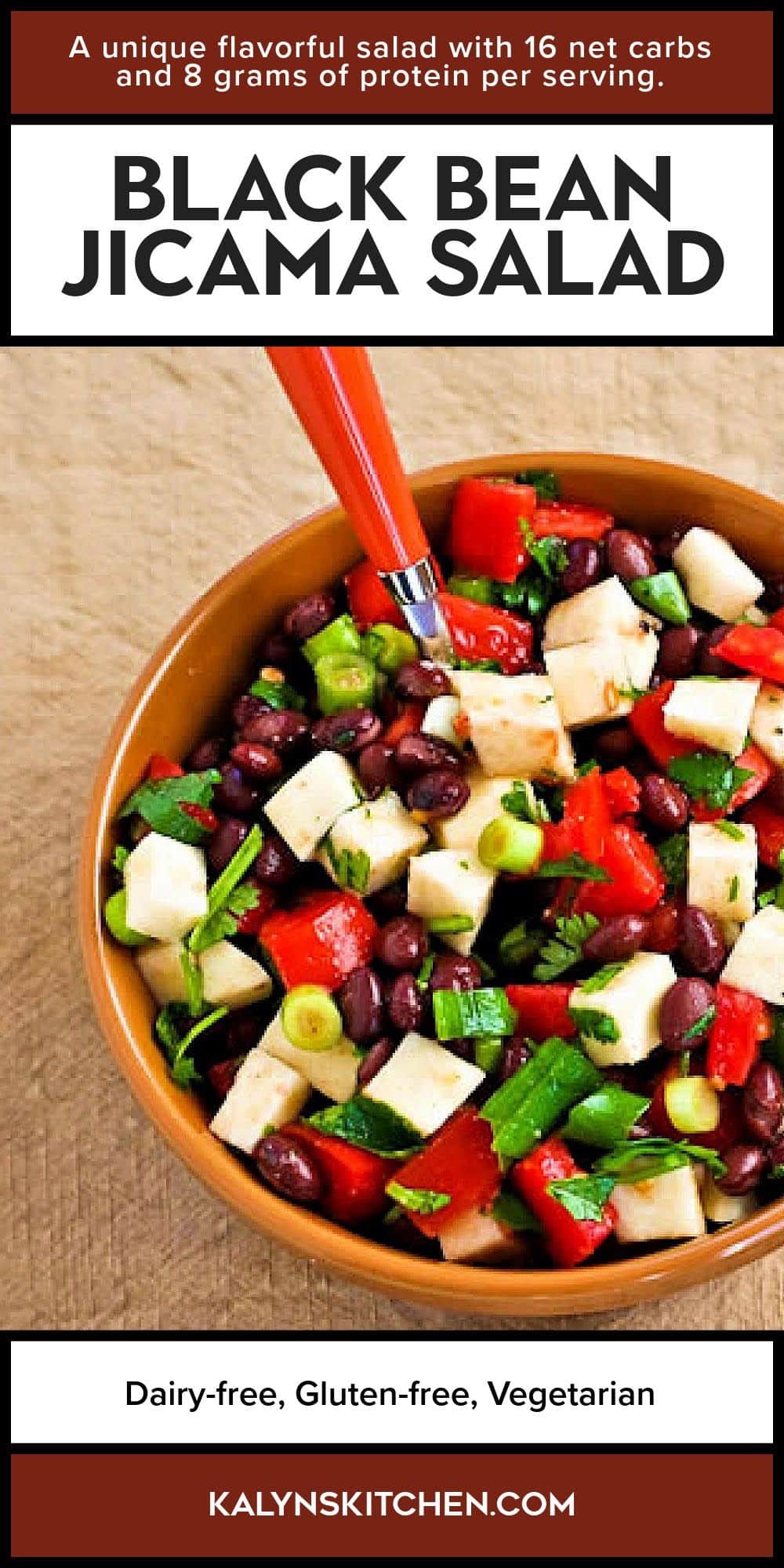 Pinterest image for Black Bean Jicama Salad showing salad in serving bowl.