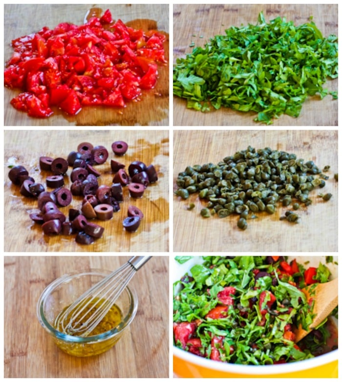 Tomato, Arugula, Olive, and Caper No-Cook Pasta Sauce process shots collage