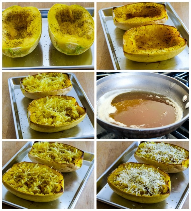 Process shots collage for Title photo for Roasted Spaghetti Squash with Mizithra Cheese and Browned Butter