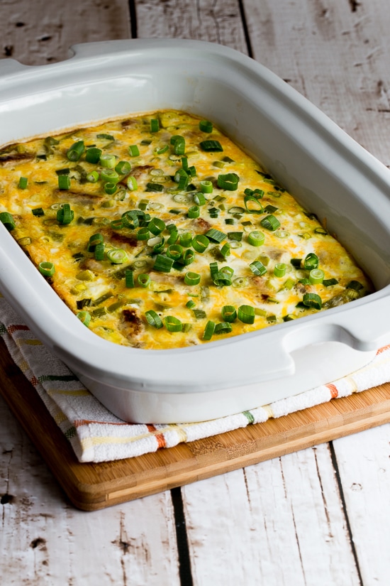 not close-up shot of Slow Cooker Sausage and Egg Casserole in casserole crock-pot