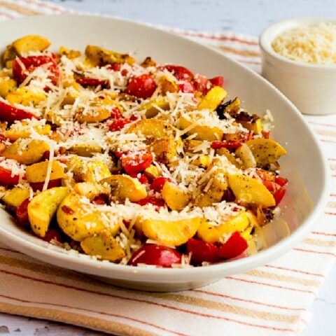 Val's Easy Yellow Squash with Tomatoes and Parmesan finished dish on serving plate