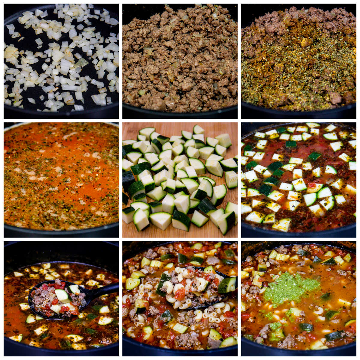 Collage of Italian sausage, zucchini and macaroni soup recipe steps