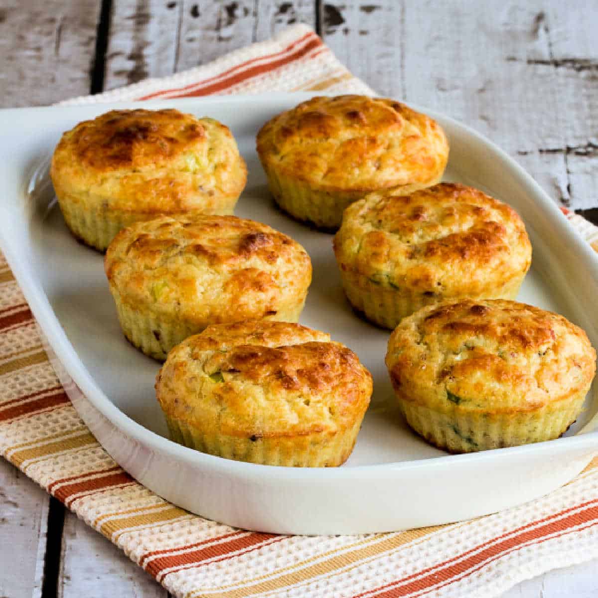 square image of Cottage Cheese Breakfast Muffins with Bacon on serving platter