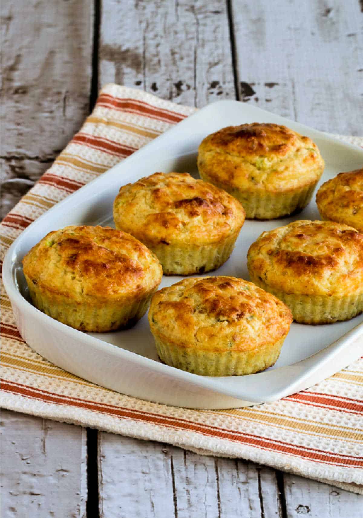 Cottage cheese breakfast muffins with bacon, 6 muffins on a serving platter
