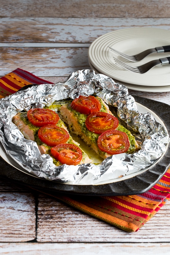 Foil-Baked Salmon with Basil Pesto and Tomatoes found on KalynsKitchen.com.