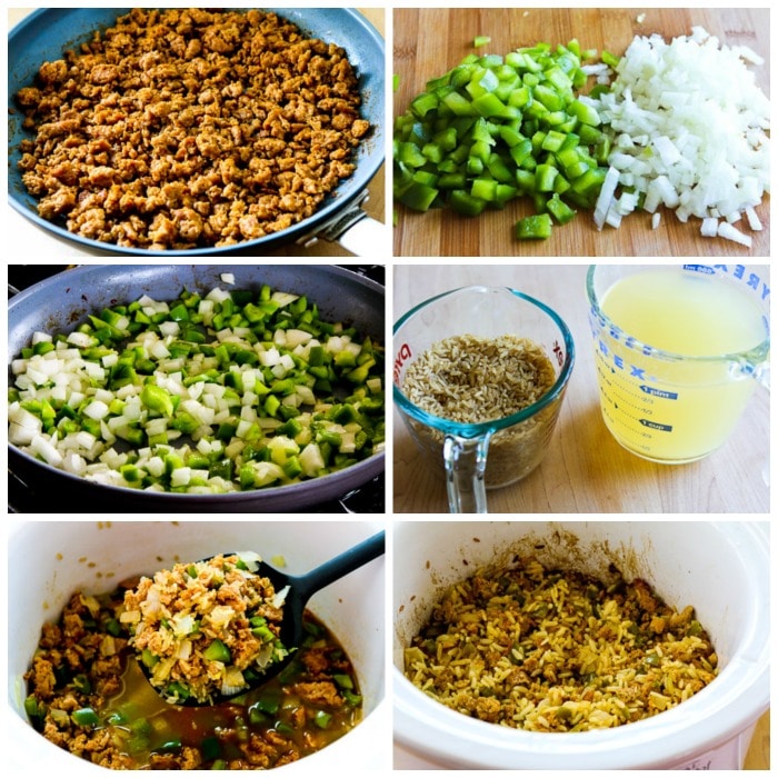 Slow Cooker Spicy Brown Rice with Sausage and Peppers process shots collage