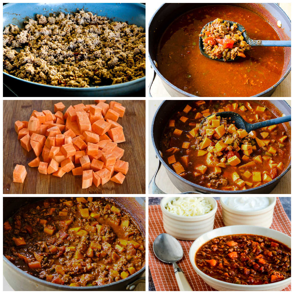 Turkey Sweet Potato Chili collage of recipe steps.