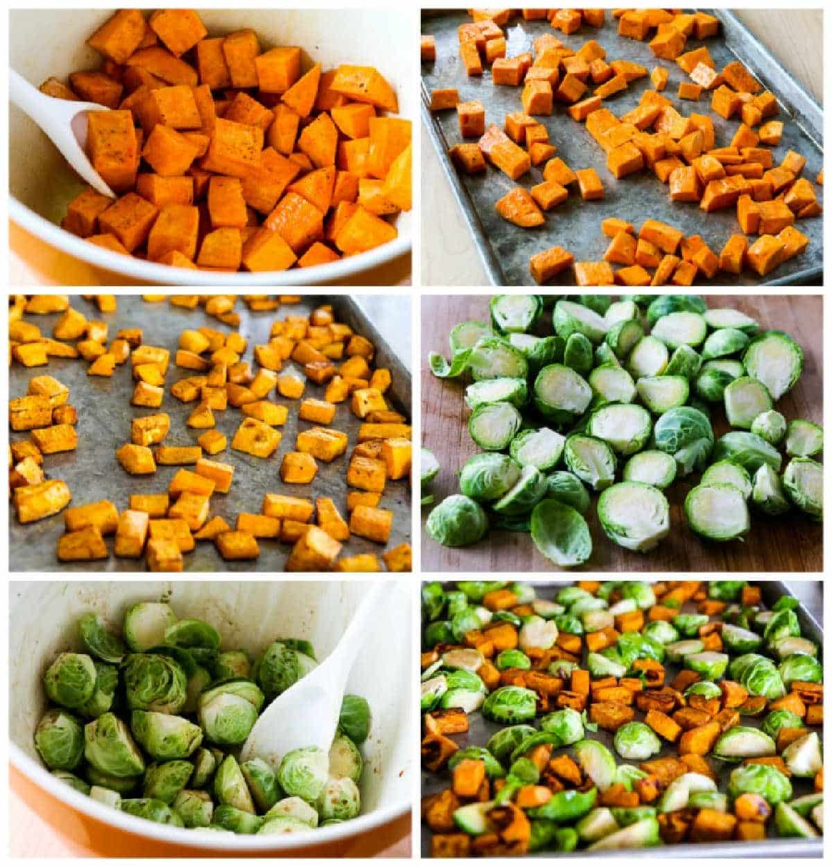 Collage of recipe steps for sweet potato and brussels sprouts