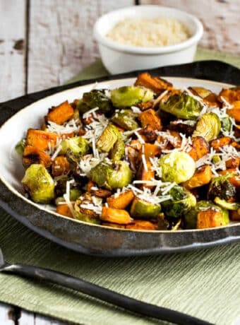 square image of Sweet Potatoes and Brussels Sprouts on serving plate