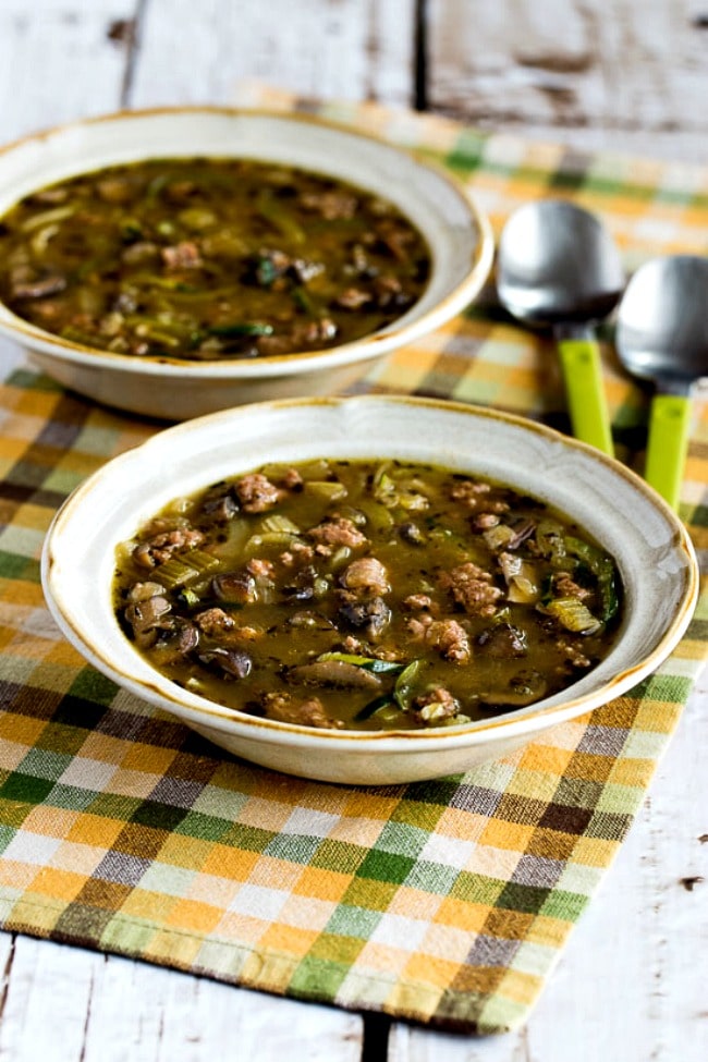 close-up photo Low-Carb Turkey, Mushroom, and Zucchini Noodle Soup