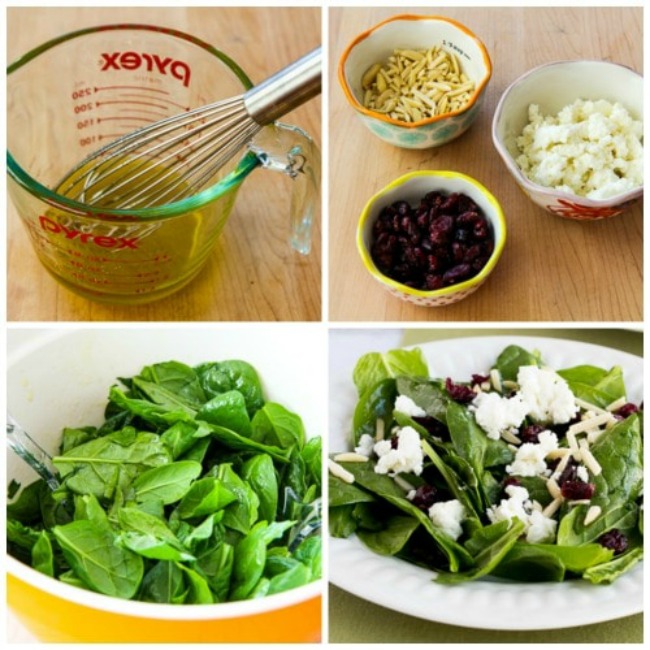 Thanksgiving Spinach Salad with Dried Cranberries, Almonds, and Goat Cheese process shots collage