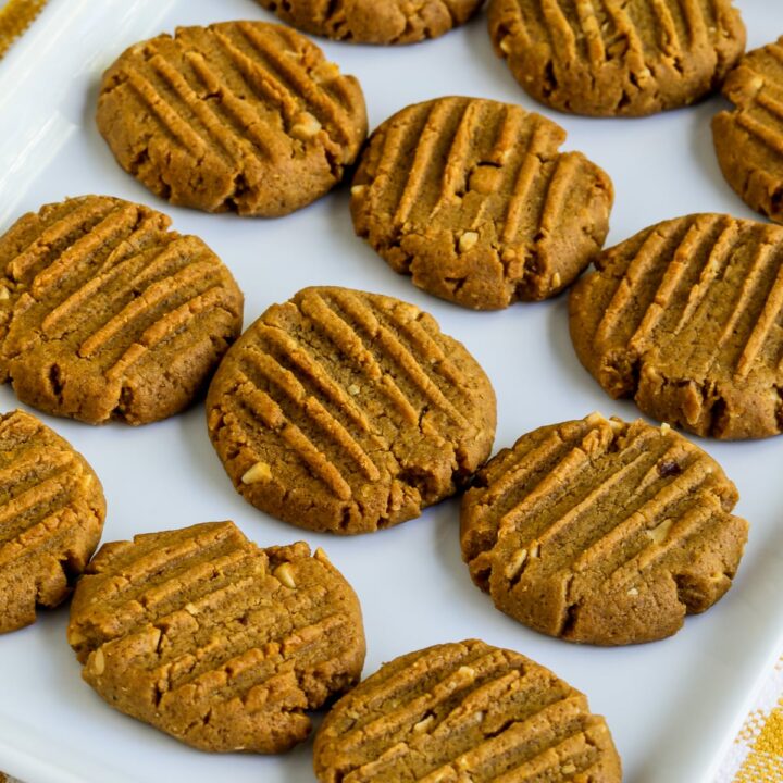 Sugar-Free Peanut Butter Cookies on white serving platter.