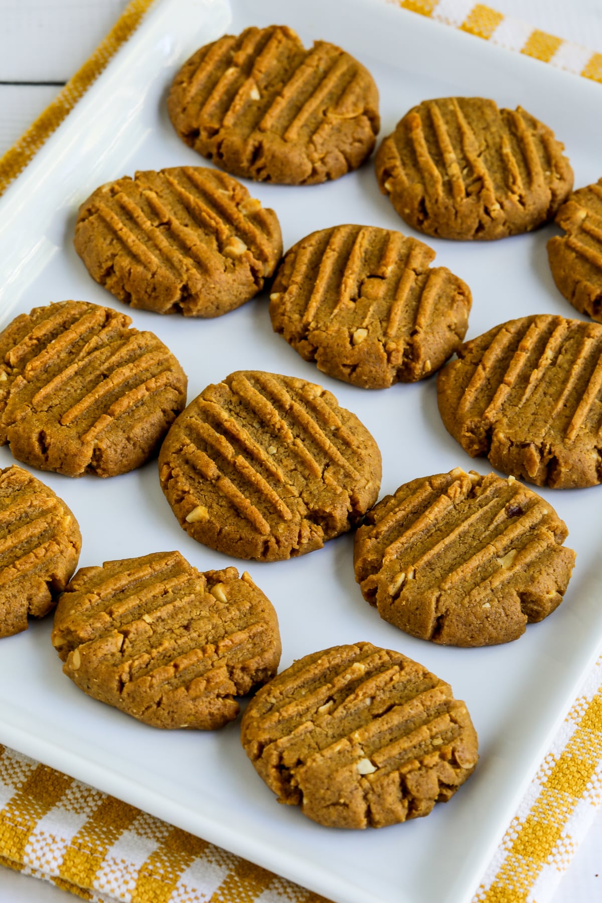 Sugar-Free Peanut Butter Cookies on white serving platter.
