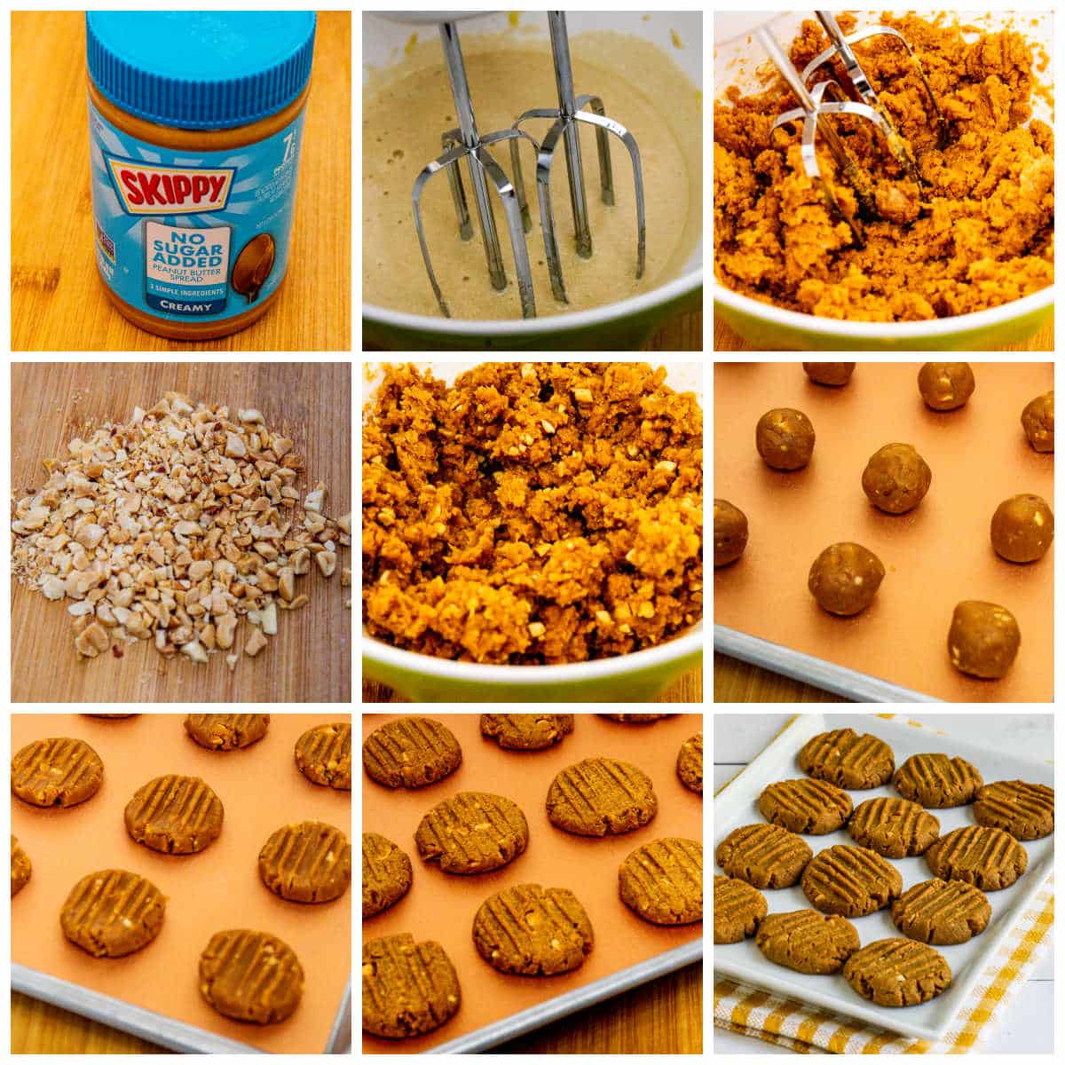 Collage photo of steps for making Sugar-Free Peanut Butter Cookies.
