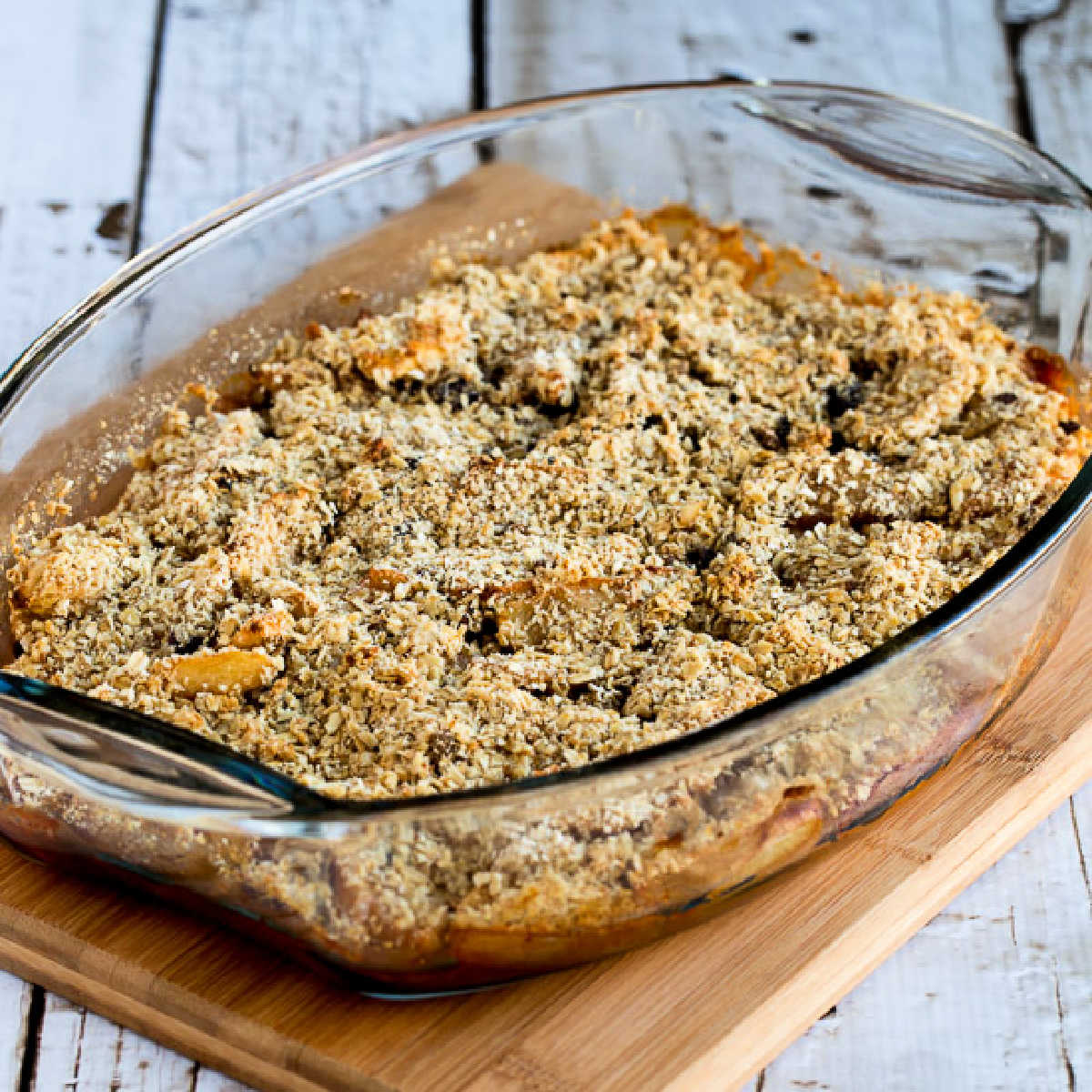 Cranberry Apple Crumble shown in baking dish