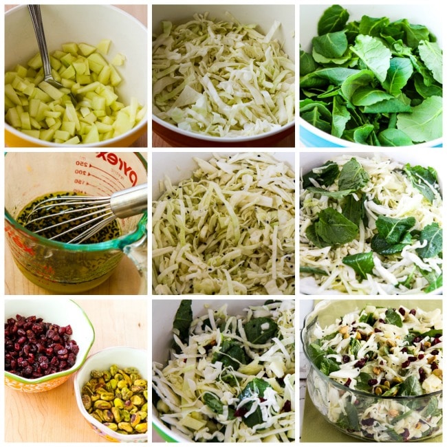 Cabbage, Apple, and Kale Salad with Cranberries and Pistachios process shots collage
