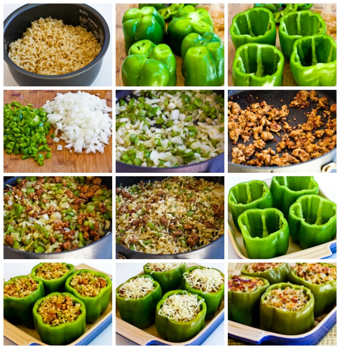 Stuffed Green Peppers with Brown Rice, Italian Sausage, and Parmesan process shots collage