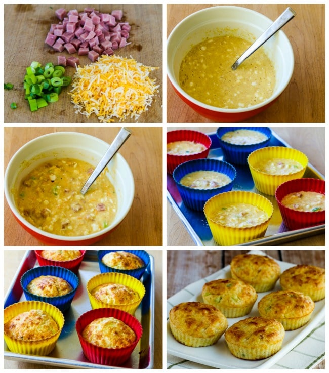 Cottage Cheese and Egg Breakfast Muffins with Ham and Cheddar process shots collage