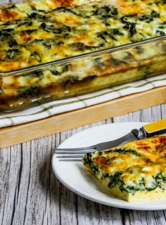 Square image for Swiss Chard Egg Bake (with Cottage Cheese) shown with one serving on plate and baking dish in back.