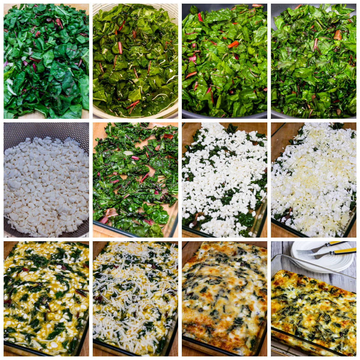 Process shots collage for Swiss Chard Egg Bake with Cottage Cheese.