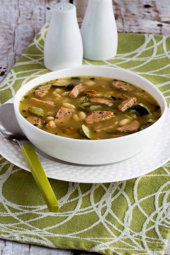 White Bean Soup with Turkey Italian Sausage, Zucchini, and Basil found on KalynsKitchen.com