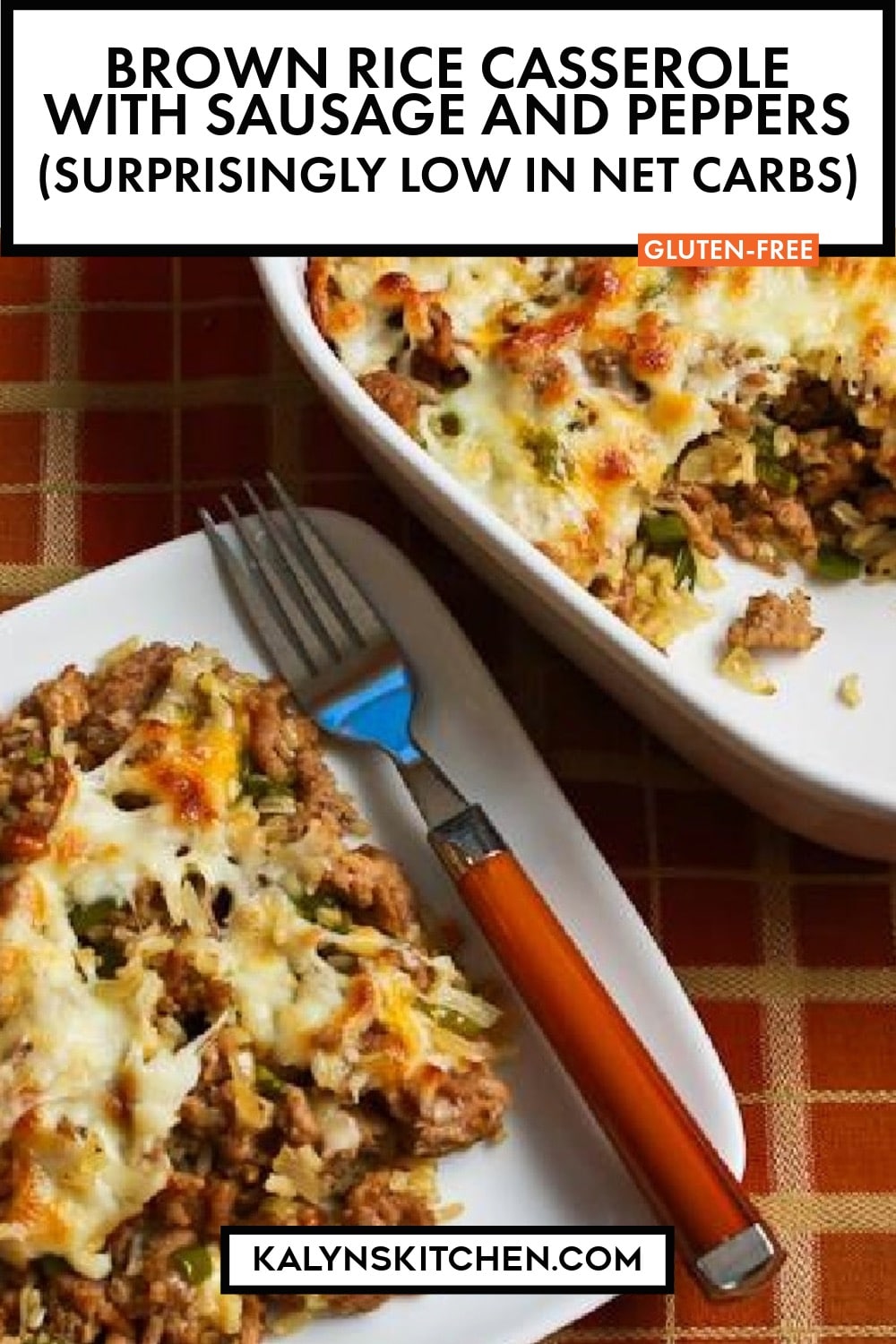 Pinterest image of Brown Rice Casserole with Sausage and Peppers