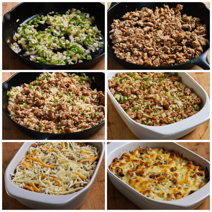 Brown Rice Casserole with Sausage and Peppers collage showing steps for the recipe
