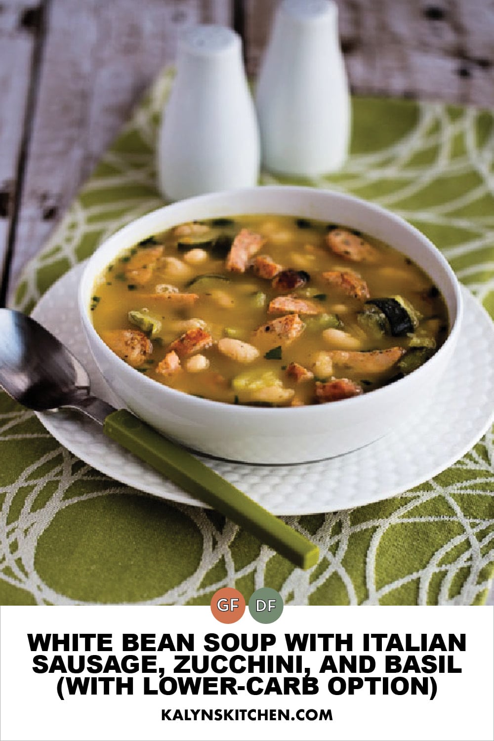 Pinterest image of White Bean Soup with Italian Sausage, Zucchini, and Basil