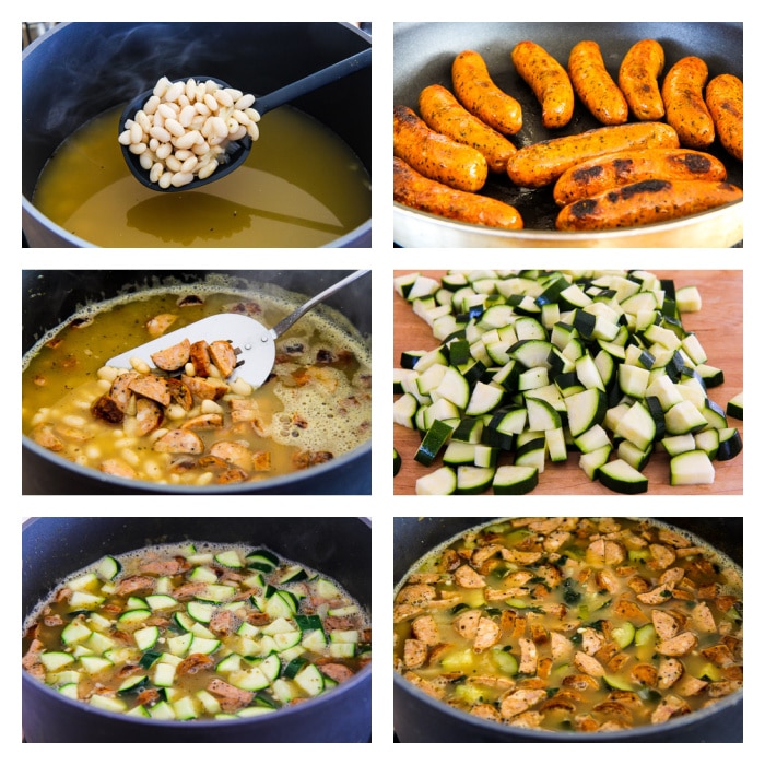 White Bean Soup with Italian Sausage, Zucchini, and Basil process shots collage