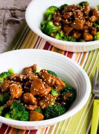 Square image for Slow Cooker Asian Chicken served as a bowl meal with broccoli.