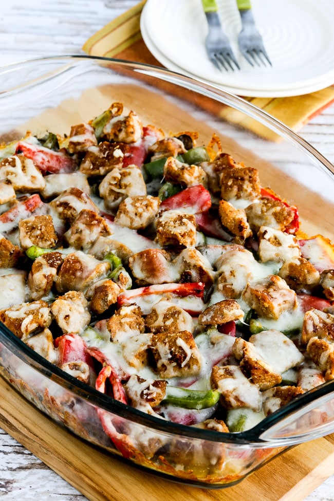 Sausage, pepper and mushroom low carb cheesy bake close-up